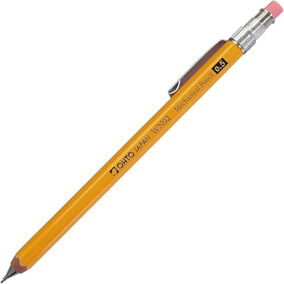 OHTO WN02 Wooden Mechanical Pencil, 0.5mm Fine Point, Mini-Sized Barrel with Clip, Yellow Body, Made from Incense Cedar, WN02-SP5-YL