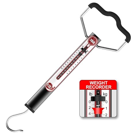 20 LB Aluminum Spring Fish Scale with Peak Marker & Zero Reset | Mechanical Tube Fishing Weighing Gauge with Hook, Non-Digital Hand Held Pull Weigher, Hanging Drag Weight Scale