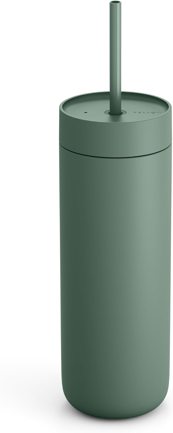 Fellow 20 oz Carter Cold Water Bottle for Water, Iced Tea, Coffee, Smoothies, Iced Coffee & more - Stainless Steel Vacuum-Insulated Iced Coffee tumbler with Spill Resistant lid and straw - Smoke Green