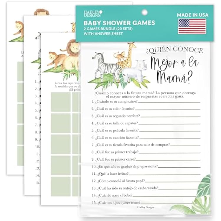 Hadley Designs Safari Baby Shower Games in Espaol - 20 Juegos, Bingo, Quien Conoce Mas A Mama - Funny Spanish Baby Shower Activities