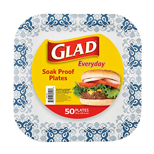 Glad Square Heavy Duty Paper Plates, Soak Proof and Cut Proof Disposable Plates for Parties and Everyday Meals, Microwaveable for Easy Serving, Blue Victorian Pattern, 10 Inch, 50 Count
