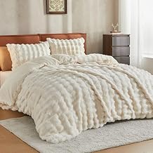 JELLYMONI Plush Duvet Cover Set - Twin Size Beige Faux Fur Comforter Cover 2pcs Bedding Set Luxury Ultra Soft Striped Fluffy Duvet Cover with Zipper and 1 Pillowcase (NO Comforter)