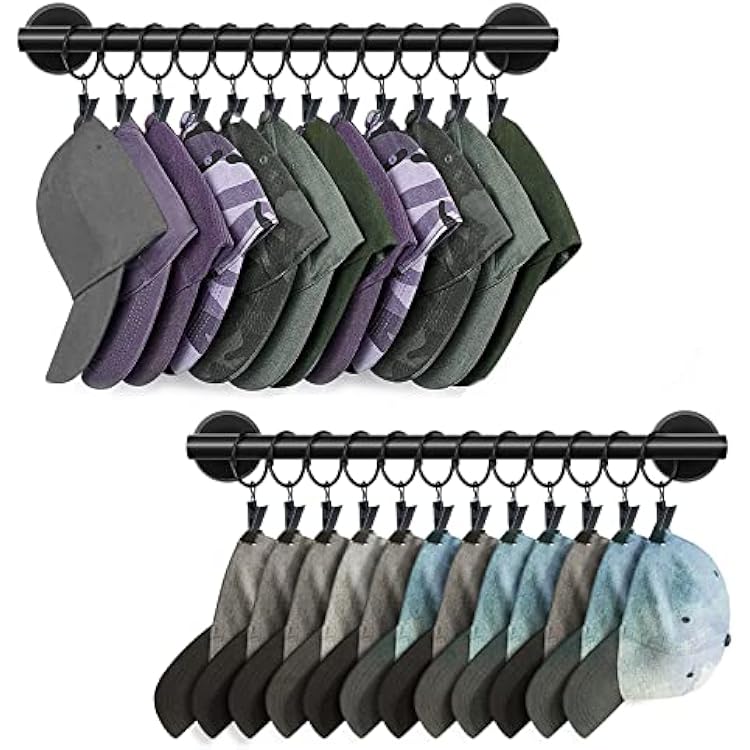 Lunies Hat Rack for Wall with 24 Hooks, Hat Organizer Holder for Baseball Caps, Cap Organizer Hanger, Hat Hanger for Closet, Black Hat Holder with Clips 2 Pack