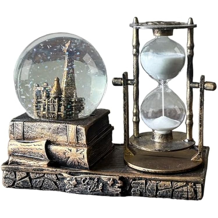 Crystal Snow Globe with Hourglass Timer, LED Light Musical Globe Music Box, Vintage Book Tower Decoration for Home Living Room Desktop Bookshelf