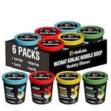 Hethstia Konjac Noodle Soup, 6-Pack Instant Shirataki Noodle Variety Pack (Spicy Red Curry, Miso, Kimchi, Tom Yum) Low Carb, Low Calorie, Gluten-Free, Vegan, Keto, Ready to Eat Healthy Instant Meal