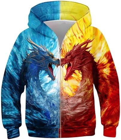 Idgreatim 6-14T Boys Zip Up Hoodies Kids 3D Graphic Hoody Sweatshirt Zipper Pullover with Pockets