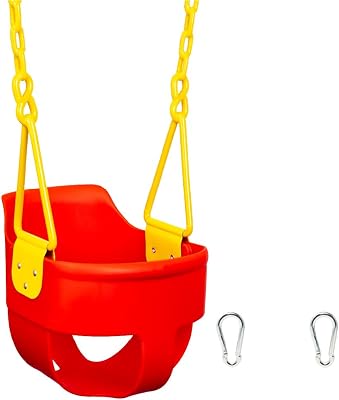Premium High Back Full Bucket Toddler Swing Seat with Finger Grip, Plastic Coated Chains and Carabiners for Easy Install - Red - Squirrel Products