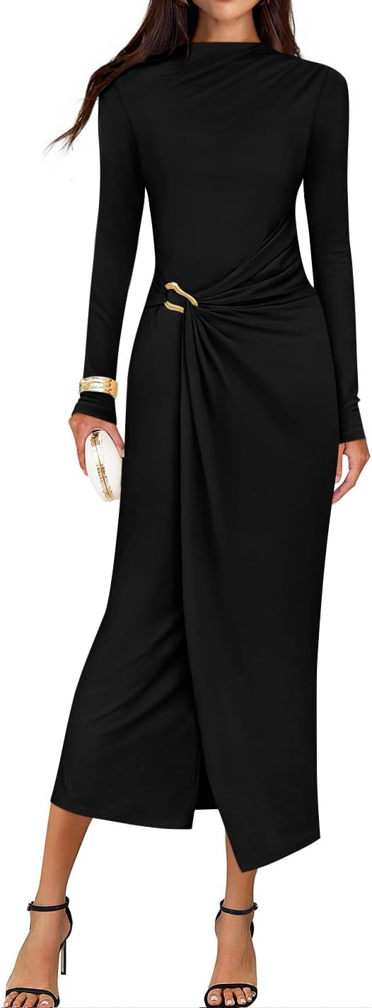 ZESICA Womens Fall Long Sleeve Wedding Guest Midi Dresses