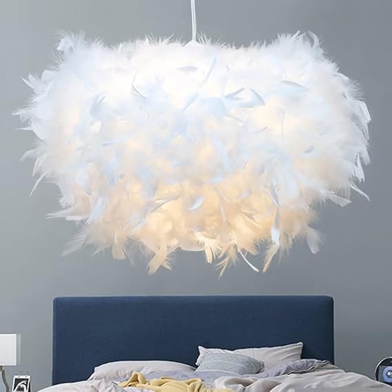 50cm/19.8" Hemisphere White Feather Pendent Light Feather Lampshade Ceiling Light Fixture Feather Chandelier for Living Room, Bedroom, Dining Room