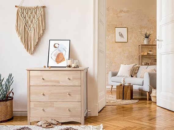 VINGLI Unfinished Natural Solid Wood 3 Drawer Dresser, Farmhouse Dressers & Chests of Drawers Color DIY Rubber Wood Dresser with Full Extension Drawer Slides & Wood Knobs Rustic Style