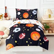 PERFEMET Sports Theme Toddler Boys Bedding Set 4 Pieces Basketball Football Printed Toddler Comforter Set Reversible Design Ball Games Bed in A Bag (Black)