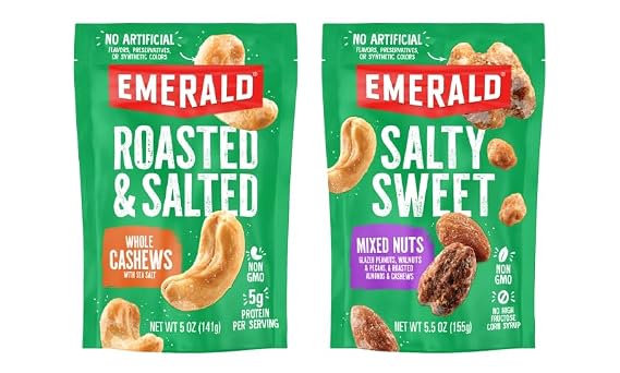 Emerald Nuts Combo Variety Pack Featuring Whole Cashews & Salty Sweet Mixed Nuts | 5 Oz Resealable Bags | Kosher Certified, Non-GMO, Contains No Artificial Preservatives, Flavors or Synthetic Colors
