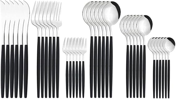 Kitchen Utensils Set,Simply Modern,36Pcs Flatware Set Stainless Steel Sets Mirror Polishing Tableware Sets Multipurpose Use for Home and Kitchen, Service for 6-Black and silver