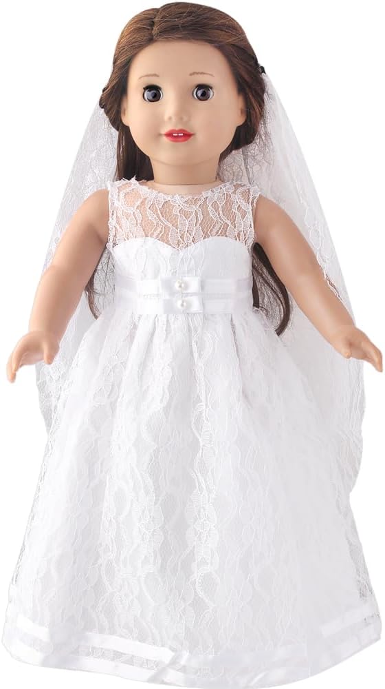 Doll Clothes White Wedding Long Lace Dress for American Girl Doll 18 inch with Wedding Veil