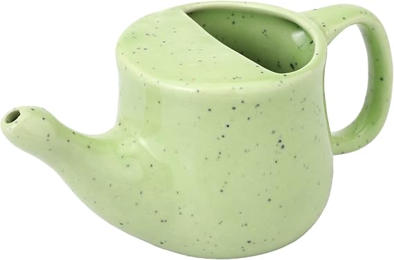 Ceramic Neti Pot, SPILL PROOF with 5 Sachet Neti Salt - Green Frackle Color, Holds 250 ML (8.4 FL Oz)