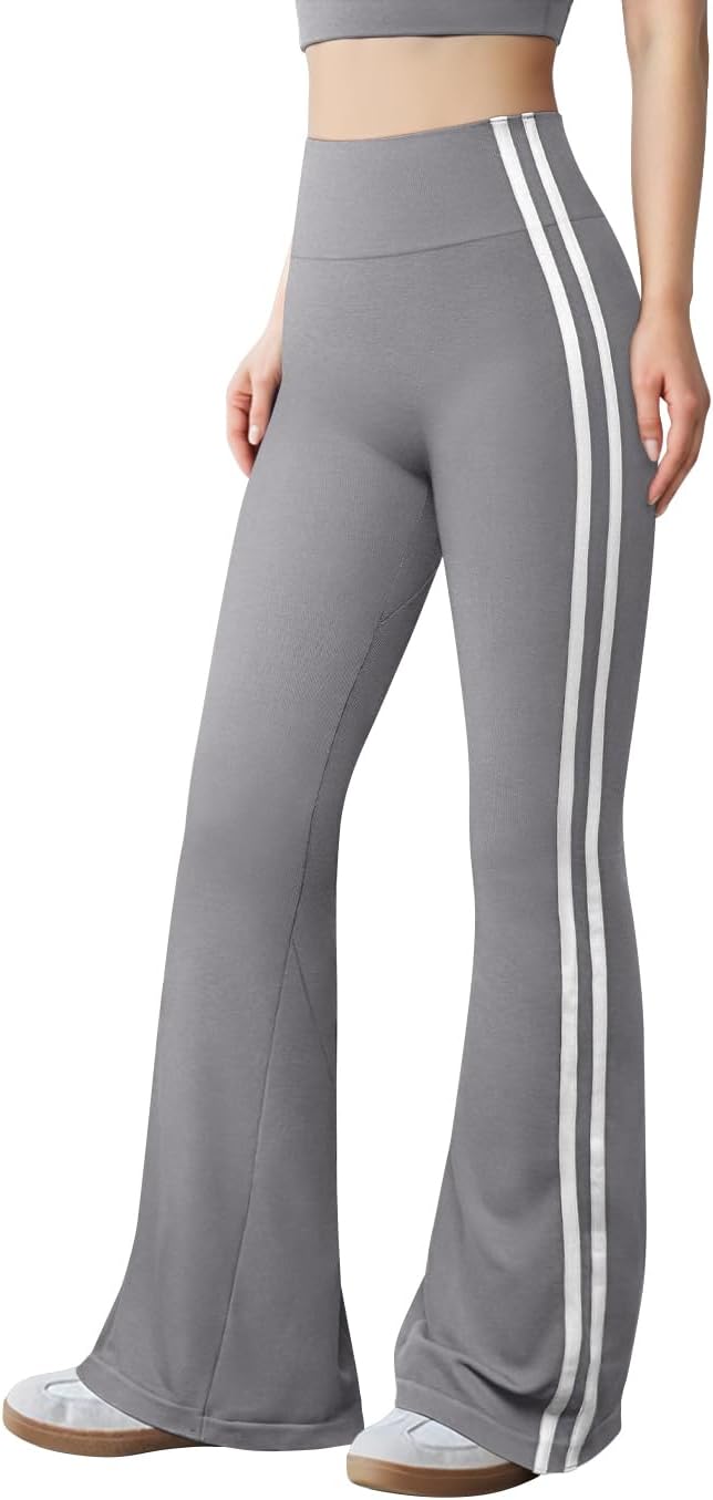 OQQ Yoga Pants Women High Waist Stripes Soft Casual Stretch Flared Bottoms Trousers