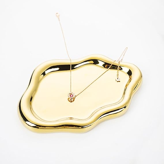 Jewelry Dish Trinket Tray for Women, Ring Dish Holder, Unique Cloud Shape Ceramic Plate Cute Things Vanity Aesthetic Room Decor Mother's Day Birthday (Gold)