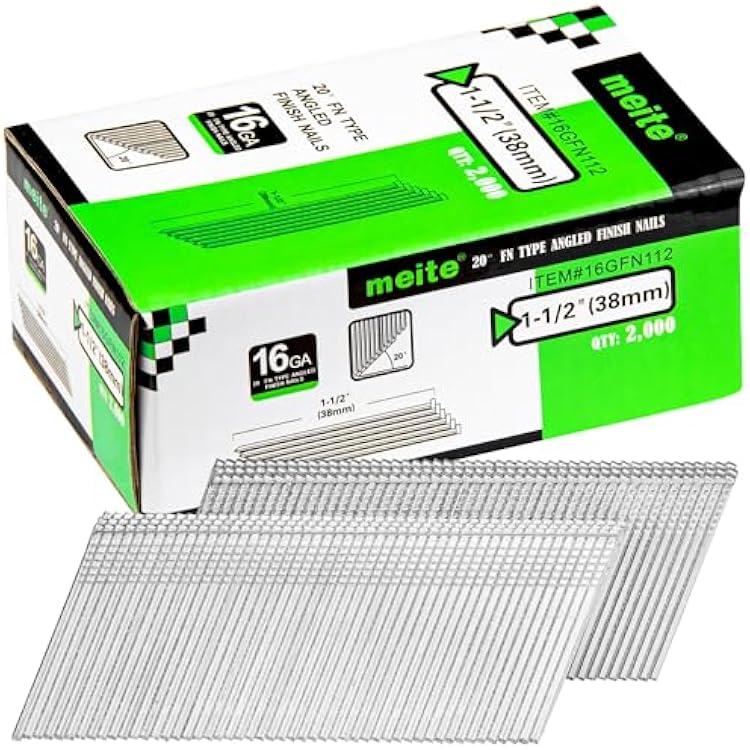 meite 16 Gauge 20 Degree Angled Finish Nails 1-12 Inch Galvanized Rust-Proof Finishing Nails for Electric or Pneumatic Finish Nailer - Cabinet Crown Baseboard Trim & Molding 2,000 PCS