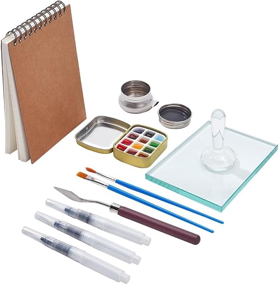 NBEADS 13 Pcs Watercolor Paint Making Tools, with Sketch Notebook Watercolor Paint Muller Glass Muller Slab Painting Brushes Palette Tin Cases for DIY Painting