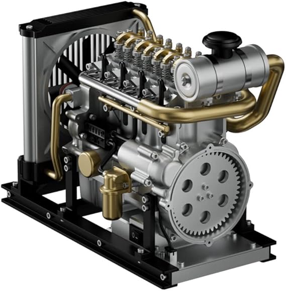 Helixsun L4 Engine Model Kit, Working, 1/10 DIY Mini OHV 4 Cylinder Diesel Engine Model Kit with Cooling System, Full Metal Inline Mechanical Engine Toy Gift