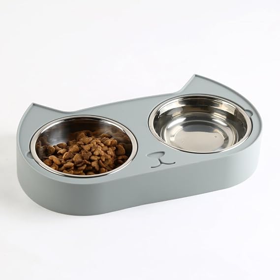 7 Ruby Road Cute Cat Bowls for Indoor Cats & Kittens Double Stainless Steel Cat Food and Water Bowl Set, Pasco Silicone Feeding Station, 350ml Dishes for Wet & Dry Food