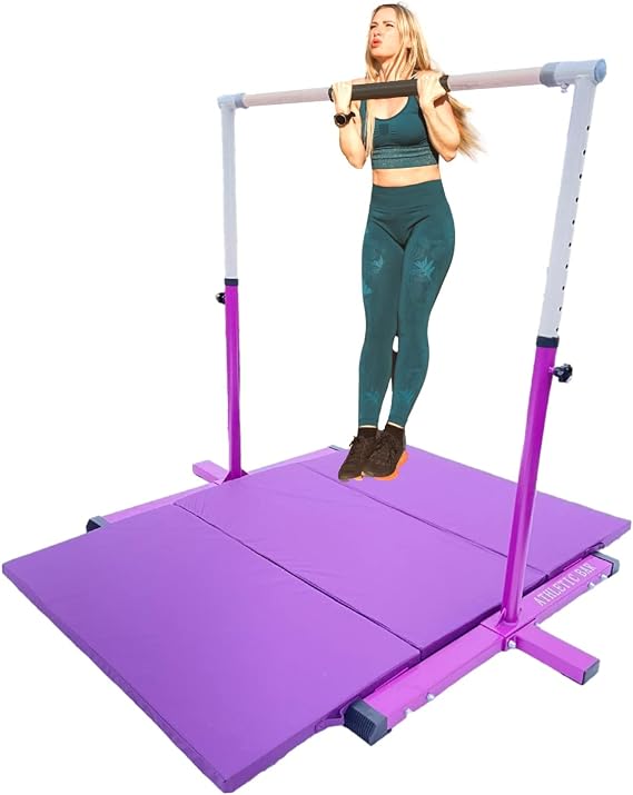 Gymnastics Bar Kip Bar for Kids with 6'x4' Tumble Gymnastics Mat Set, Adjustable Height 3 to 5 FT Horizontal Bar Professional Junior Gymnast Gymnastic Bar Expandable Asymmetric Bar Purple
