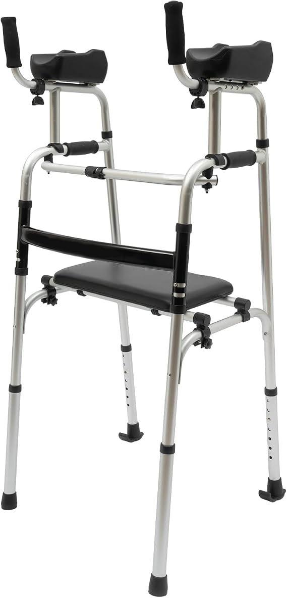 WooDerson Upright Walker with Seat, Walking Frame with 2 Wheels and Arm Support, Folding Adjustable Upright Rollator Mobility Walker Walking Frame, 7 Gears Adjustable Height, Load 100 kg