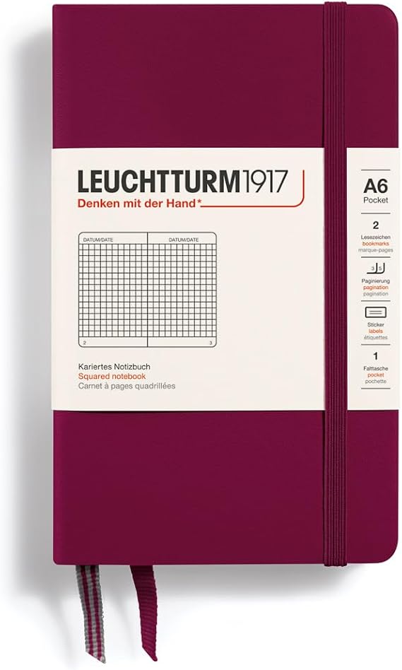 LEUCHTTURM1917 - Notebook Hardcover Pocket A6-187 Numbered Pages for Writing and Journaling (Port Red, Squared)