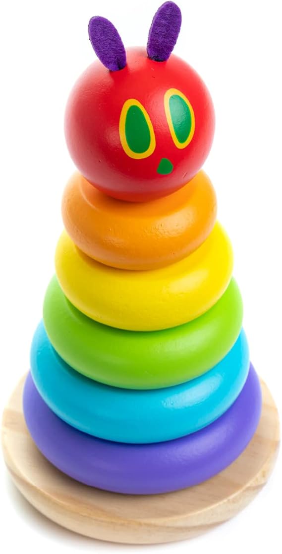World of Eric Carle, The Very Hungry Caterpillar Wooden Stacker with Colorful Rainbow Rings, 7 Inch Stacking Solid Wood Educational Developmental Toy Sorting and Stacking