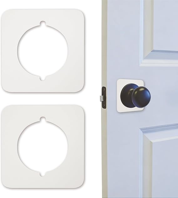 Door Knob Plates, 2 Pcs Round Door Hole Cover Plate for Interior Doors, Metal Door Knob Hole Cover to Hide Damage & Unused Holes, Easy Install Door Hole Filler Plate (White, Square)