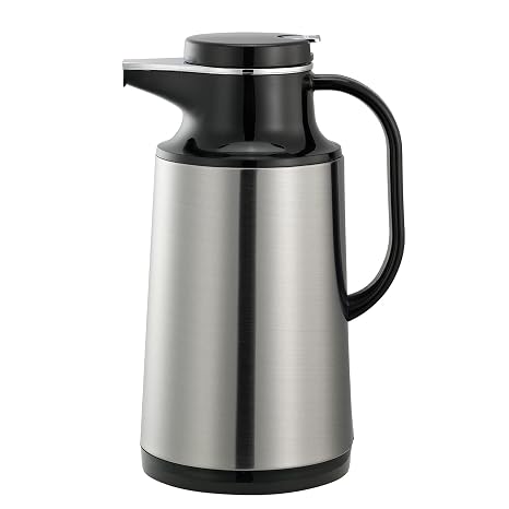 Service Ideas Coffee at a Touch Server, 33.8oz, Glass Vacuum Insulated | HPS101 in 1 Liter Brushed, Glass Vacuum Insulated, Stainless Steel Exterior