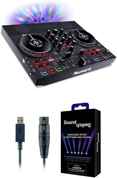 DJ Controller & DMX Bundle - Complete Dj Set with Mixer, Audio Interface & Built-in Speakers Numark Party Mix Live & SoundSwitch Micro DMX Interface