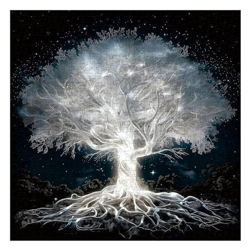Glowing Tree of Life Puzzle for Adults 1000 Pieces, Fantasy Forest White Tree Under Starry Night Sky Scene Jigsaw Puzzle, Nature Landscape Puzzle, Hard Challenging Puzzles for Adults