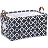 Sea Team Moroccan Lattice Pattern Canvas Fabric Storage Basket Collapsible Geometric Design Storage Bin with Drawstring Cover and PU Leather Handles, 16.5 by 11.8 inches, Waterproof Inner, Dark Blue