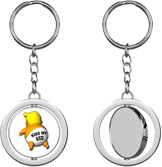 Trump Baby Blimp KISS My Ass Shaped -pro Funny Anti Liberal Keychain Spinning Round Chrome Metal Key Chain