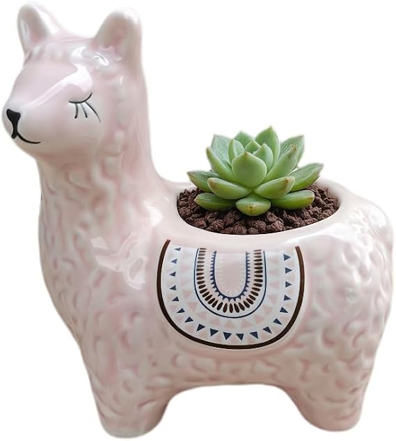 Llama Shaped Ceramic Succulent Planter with Drainage Holes, Hand - Painted Animal Pot for Indoor Cactus & Succulents, Unique Home Decor & Gift (Pink)