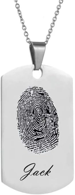 Personalized Memorial Fingerprint Necklace Black Stainless Steel Engraved Name Customized Actual Fingerprint Oval Heart Square Dog Tag Pendant Necklace Promise Anniversary Birthday Jewelry Gift for Men