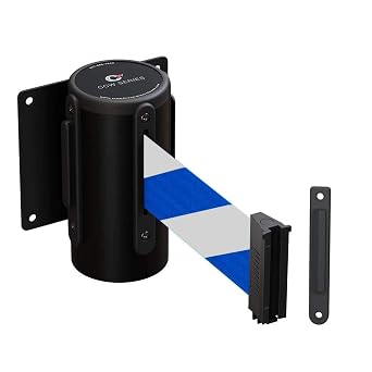 Crowd Control Warehouse - CCW Series WMB-120 Fixed Wall Mount Retractable Belt Barrier - 11 Foot, Blue & White Diagonal Stripes Belt with Black Steel Case, Crowd Control Barriers