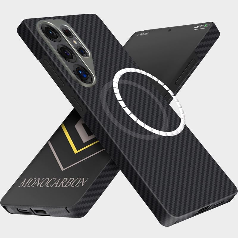 MONOCARBON Real Aramid Fiber Case for Samsung Galaxy S25 Ultra (6.9"), MagSafe Compatible, Ultra Slim &amp; Lightweight Protective Hard Cover, with Metal Camera Frame &amp; Screen Protection Edge