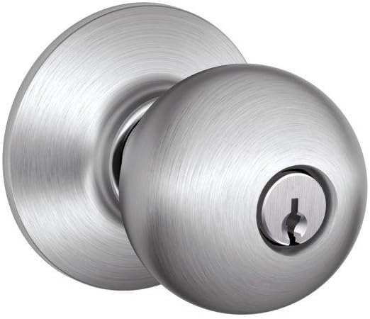 SCHLAGE Orbit Keyed Entry Door Knob, Interior/Exterior, Satin Chrome | Keyed entry door knob with turn-button lock, Easy to install, Certified security & durability, Universal fit, 2 keys