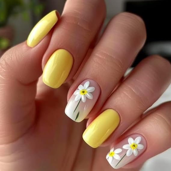 Short Square Nails Press Ons, 24pcs, Glossy, Yellow, White Daisy, ABS Material, Floral Pattern, Modern Style, Spring/Summer False Nails with Flower Designs, Cute Stick On Nails for Women