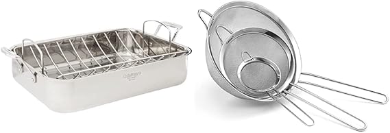 Cuisinart 16-Inch Roaster, Chef's Classic Rectangular Roaster with Rack, Stainless Steel, 7117-16URP1 & Mesh Strainers, 3 Pack Set, CTG-00-3MS Silver