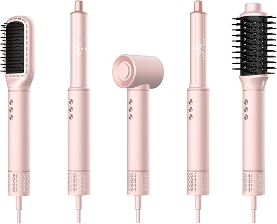 Hot Air Styler, Professional Hair Dryer Blow Dryer Brush with 110,000 RPM High Speed Negative Ionic, Auto Wrap Curlers, Hair Styler for Fast Drying Curling Straightening Volumizing 5 in 1 Pink