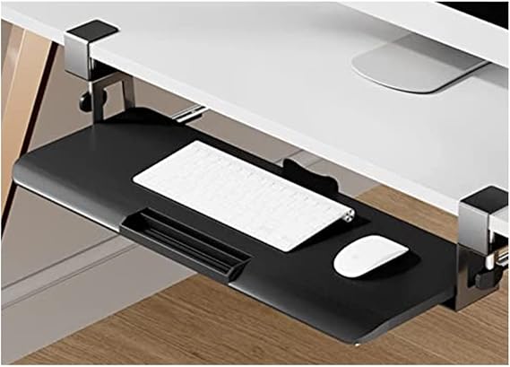 Desk Extender Keyboard Tray Sliding Support Shelf, Clamp-On Keyboard Platform, with Adjustable Height Stand, Sliding Pull-Out Tray Under Desk Drawer, Ergonomic/Easy Install