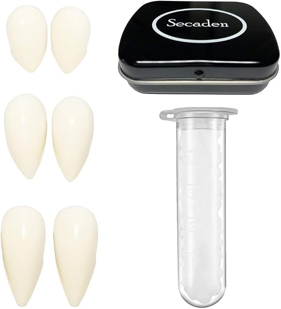 Secaden Cosplay 3 Pairs Vampire Teeth with Adhesive Dentures Halloween Party Props Fangs (13mm, 15mm, 17mm)