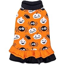 CuteBone Halloween Dog Sweater Dress, Soft and Stretchy Dog Clothes for Small Dogs Girl, Pumpkin Spider Puppy Sweater Pullover Ruffle Dress Pet Outfit Cat Apparel