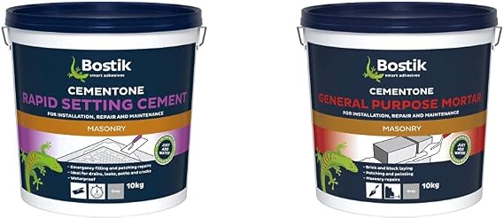 Bostik Cementone Rapid Setting Cement, For Interior &amp; Exterior Use, Waterproof, Colour: Grey, 10kg &amp; Cementone General Purpose Mortar, Pre-Mixed, 10kg