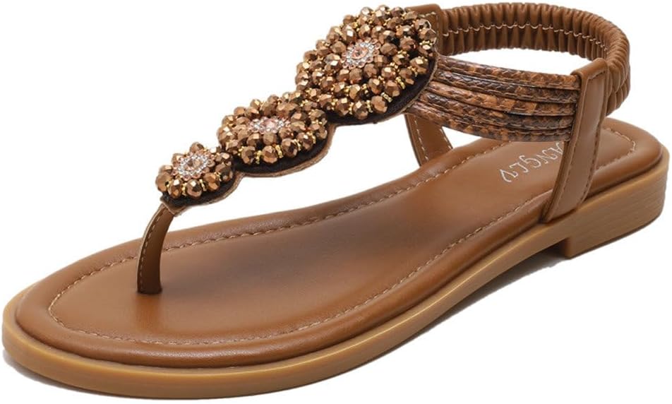 Women's Flat Sandals Summer Beach Sandal T-Strap Rhinestone Beaded Bohemia Shoes