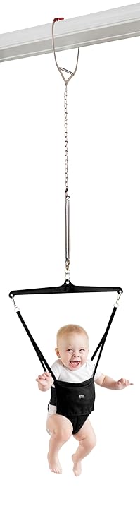 Jolly Jumper Iconic Doorway Baby Jumper - Black | Original Doorway Baby Jumper, Indoor Exercise Saddle Seat, Adjustable Height, for Infants up to 28lbs, No Stand Required