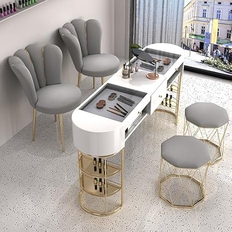 Professal Nail Stat with s Top, Double-Layer Manicure Table & Open Cabinet for Beau Salon Supplies, Clete Nail Art with Seat & Footrest